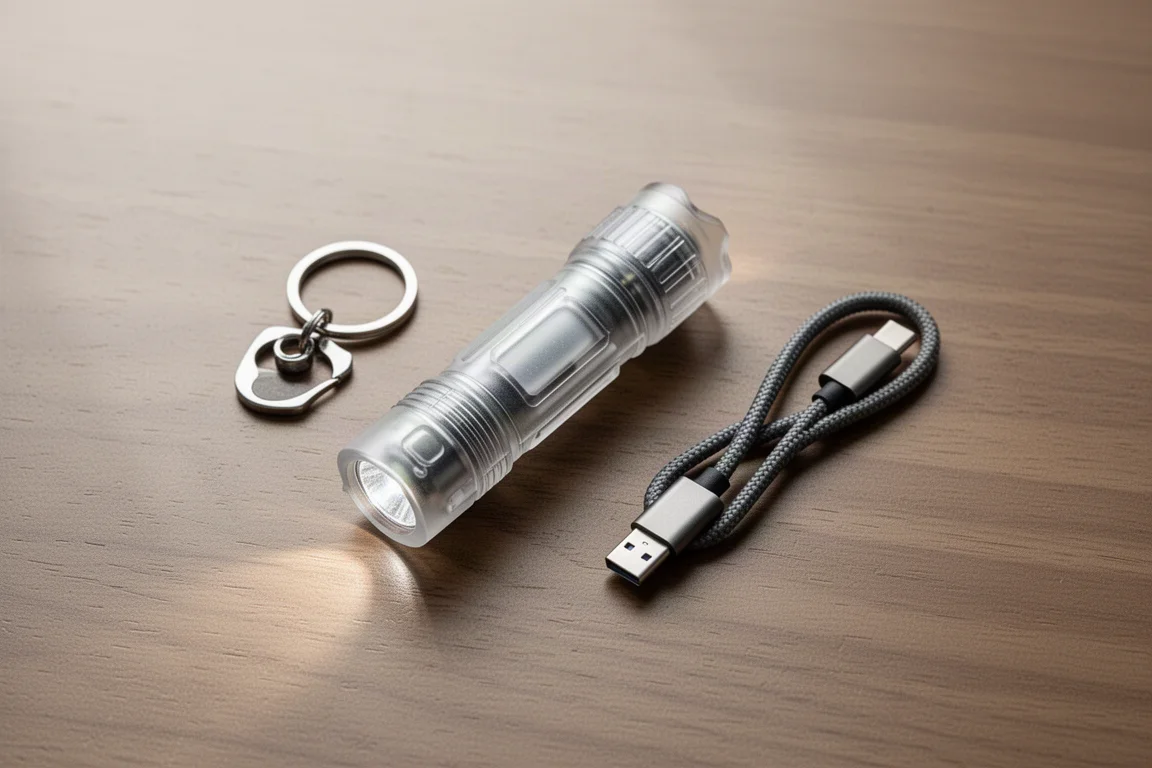 Lampe de poche EDC compacte posée sur un bureau en bois à côté d'un porte-clés et d'un câble USB-C