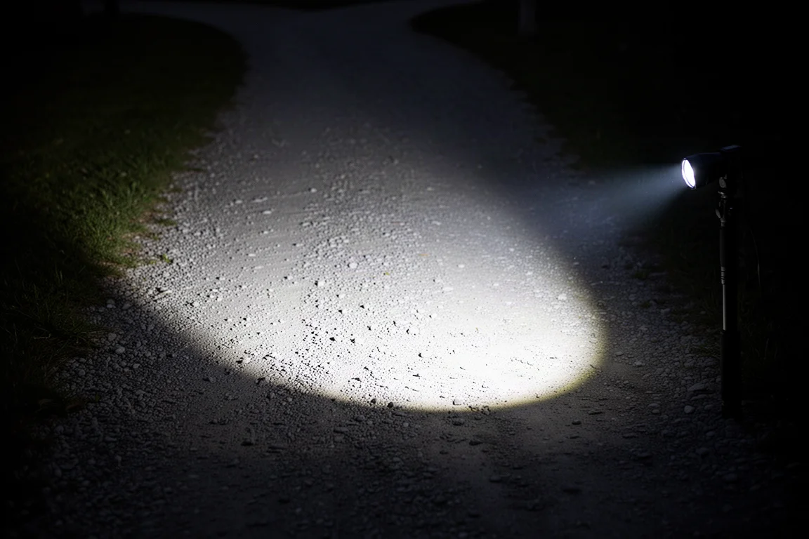 Faisceau de la lampe éclairant un chemin de gravier sombre à quelques mètres devant, de nuit