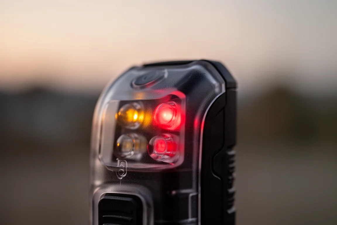 Gros plan sur les feux latéraux ambre et rouge lumineux sur le corps d'une lampe au crépuscule