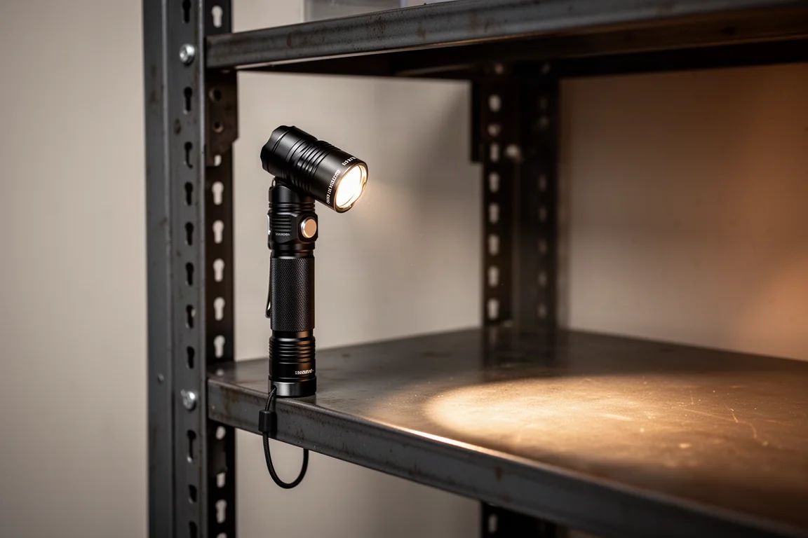 Lampe fixée à une surface métallique par son culot magnétique, inclinée pour diriger le faisceau