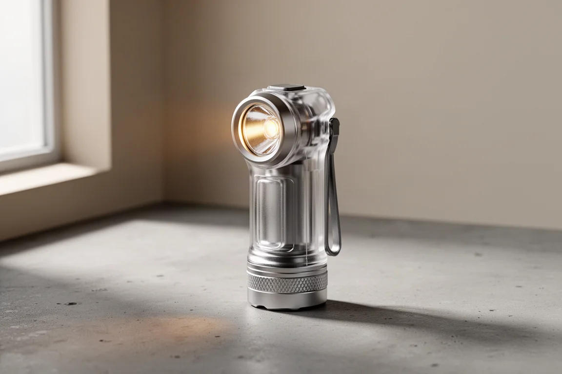 Compact EDC flashlight with clear plastic body on a concrete surface