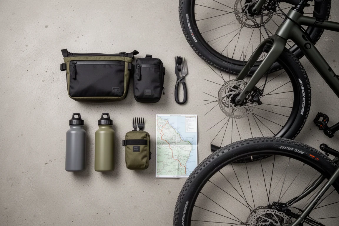 bikepacking 行李袋與水壺在礫石車旁平鋪排列