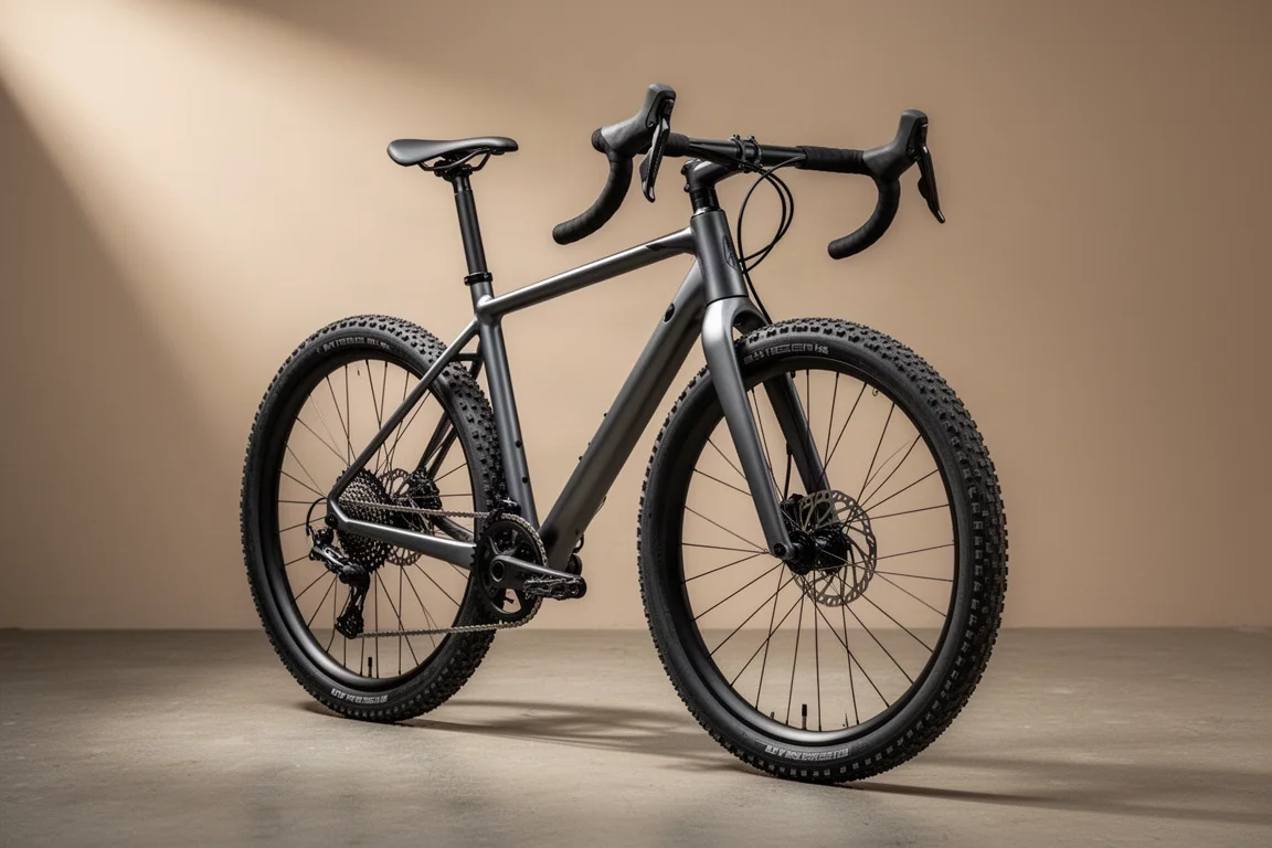 Gravelbike met matgrijs frame en dikke banden op een betonnen ondergrond