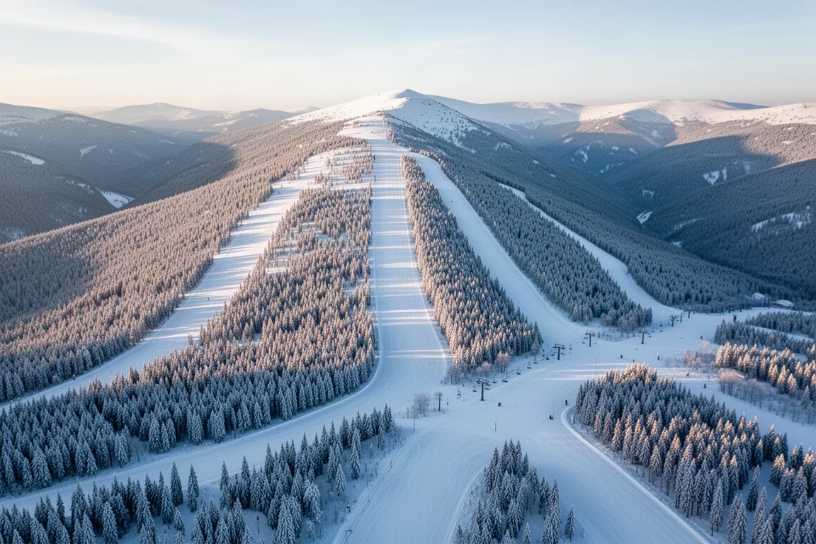 Flygfoto över ett stort snötäckt bergsområde med preparerade skidleder och två djupa dalar