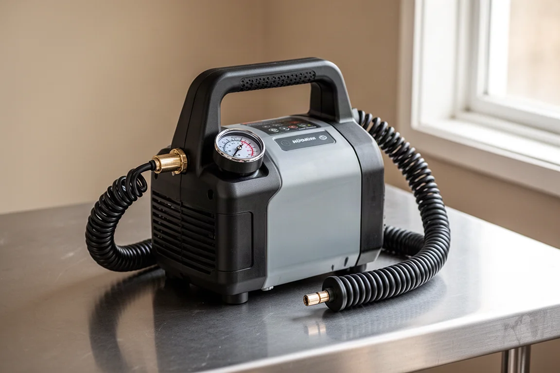 Collection of portable tire inflators arranged on a concrete surface