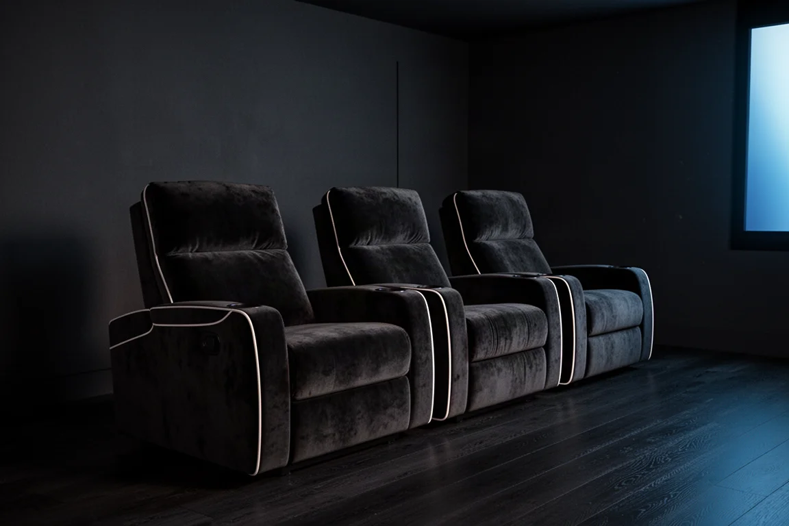 Reihe schwarzer Samt-Theater-Reliner in einem dunklen, minimalistischen Heimkinoraum