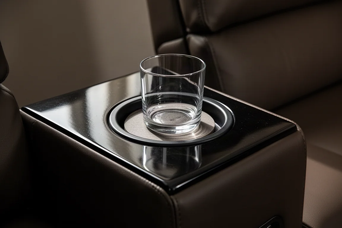 Eingelassener Getränkehalter in glänzender schwarzer Lackarmlehne mit Untersetzer und Glas