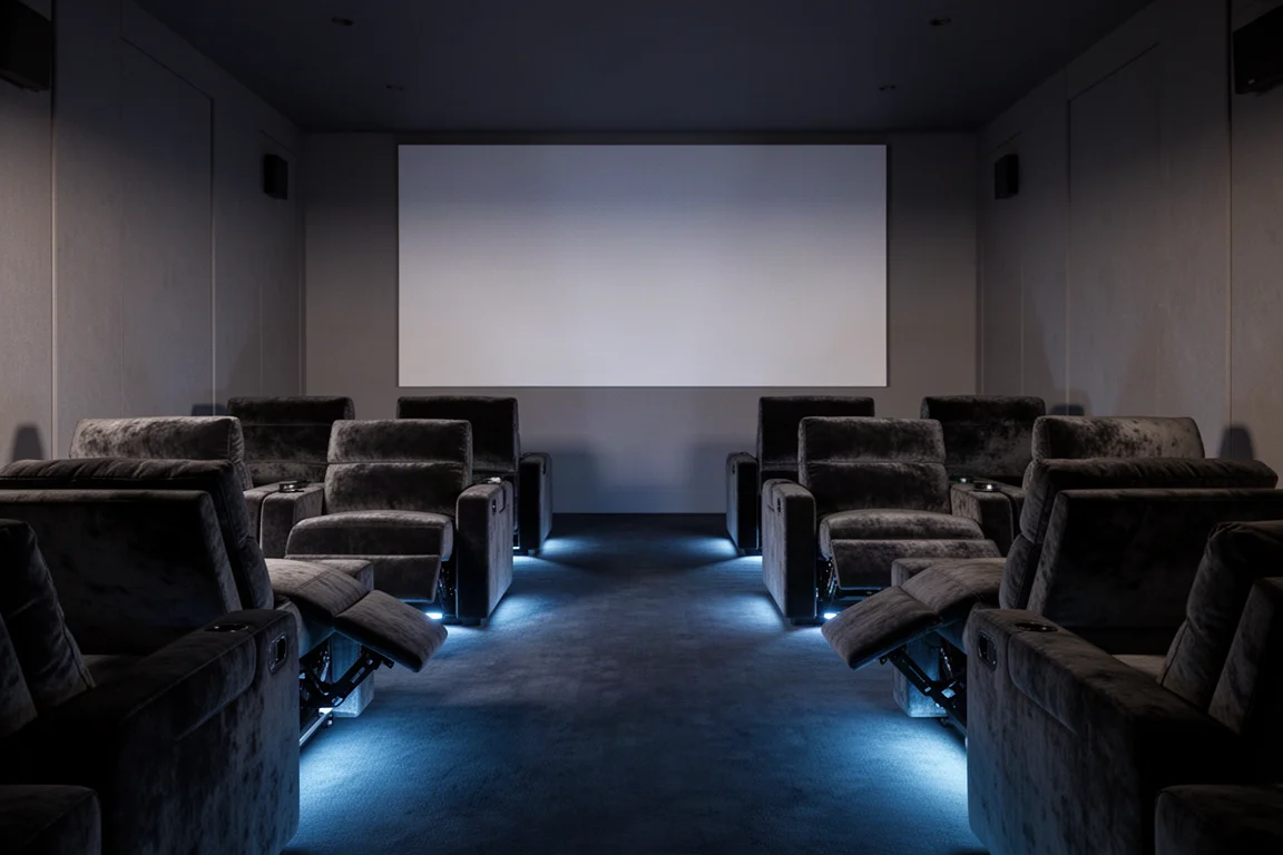 Leeres elegantes Heimkino mit blauer Sitzunterbodenbeleuchtung, die auf den Boden strahlt