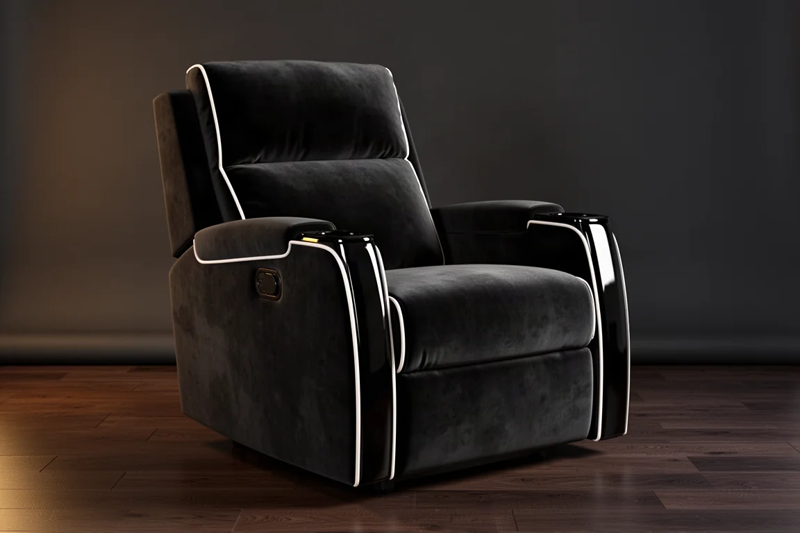Black velvet home theater recliner with off-white piping and glossy black lacquer armrests