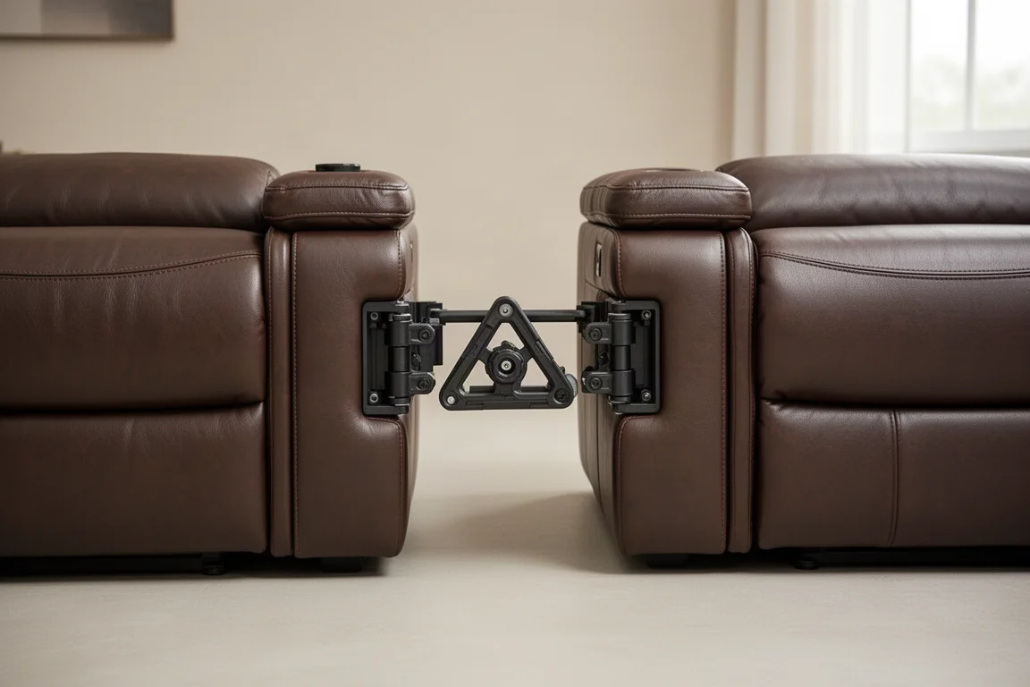 Three leather theater seats linked together with connector brackets on a light floor