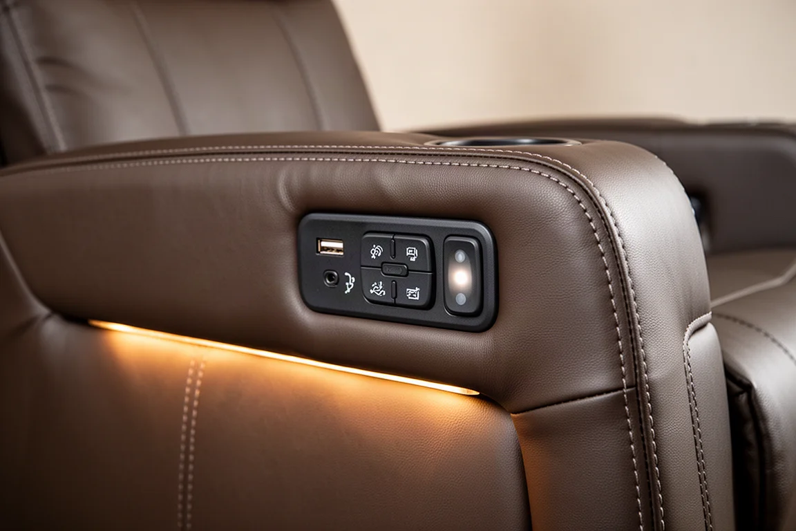 Close-up of a theater seat control panel with USB port and adjustment buttons