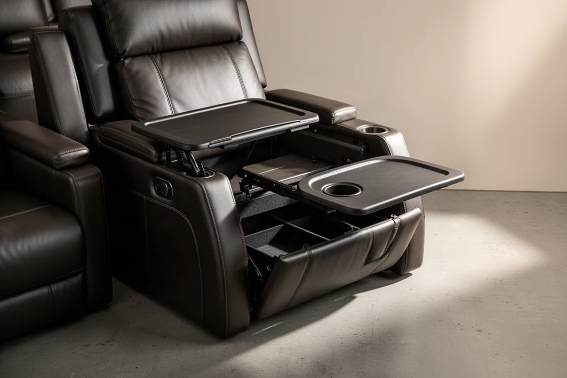 Folded center console with tray table and cup holder on a theater seat