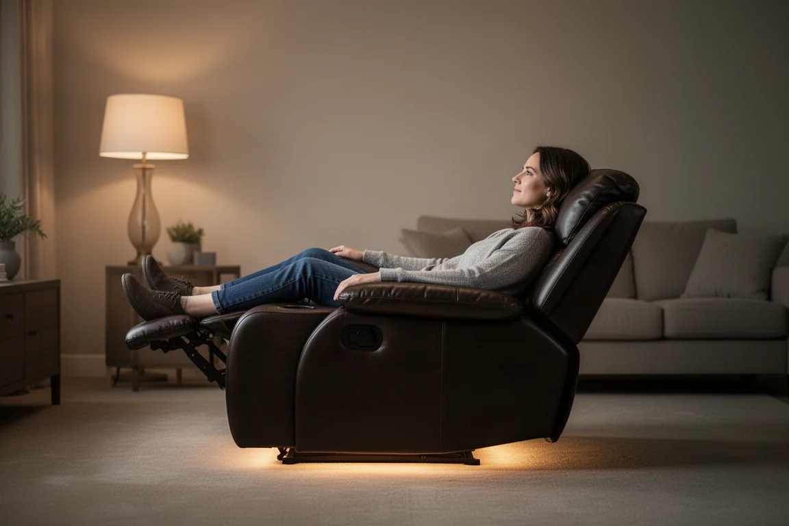 Person relaxing comfortably in a reclined leather theater seat with underglow lighting
