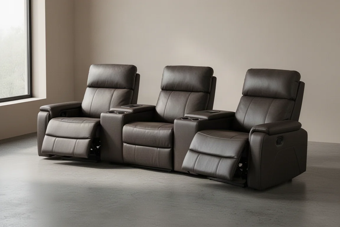 Three-piece leather home theater seating combo arranged in a minimalist room
