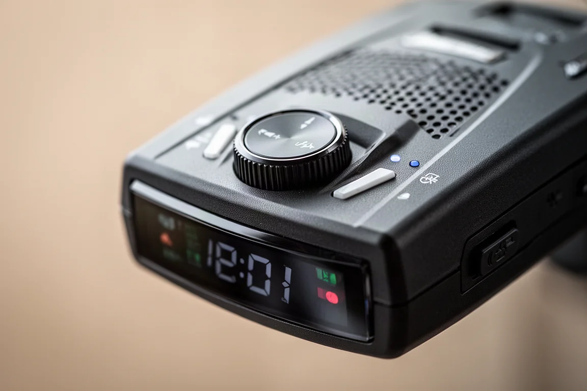 Close-up of a radar detector control knob and display panel