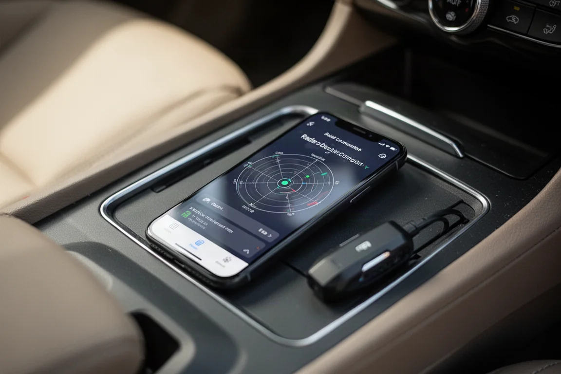 Smartphone showing a radar detector companion app interface on a car console