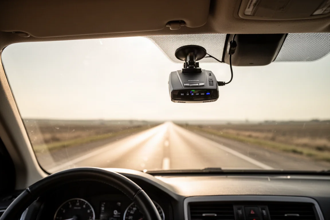 Radar detector in a car cabin with a sunlit road visible through the windshield