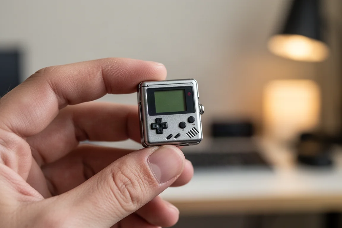 Piccola console portatile metallica per videogiochi tenuta tra le dita per mostrare le dimensioni miniature