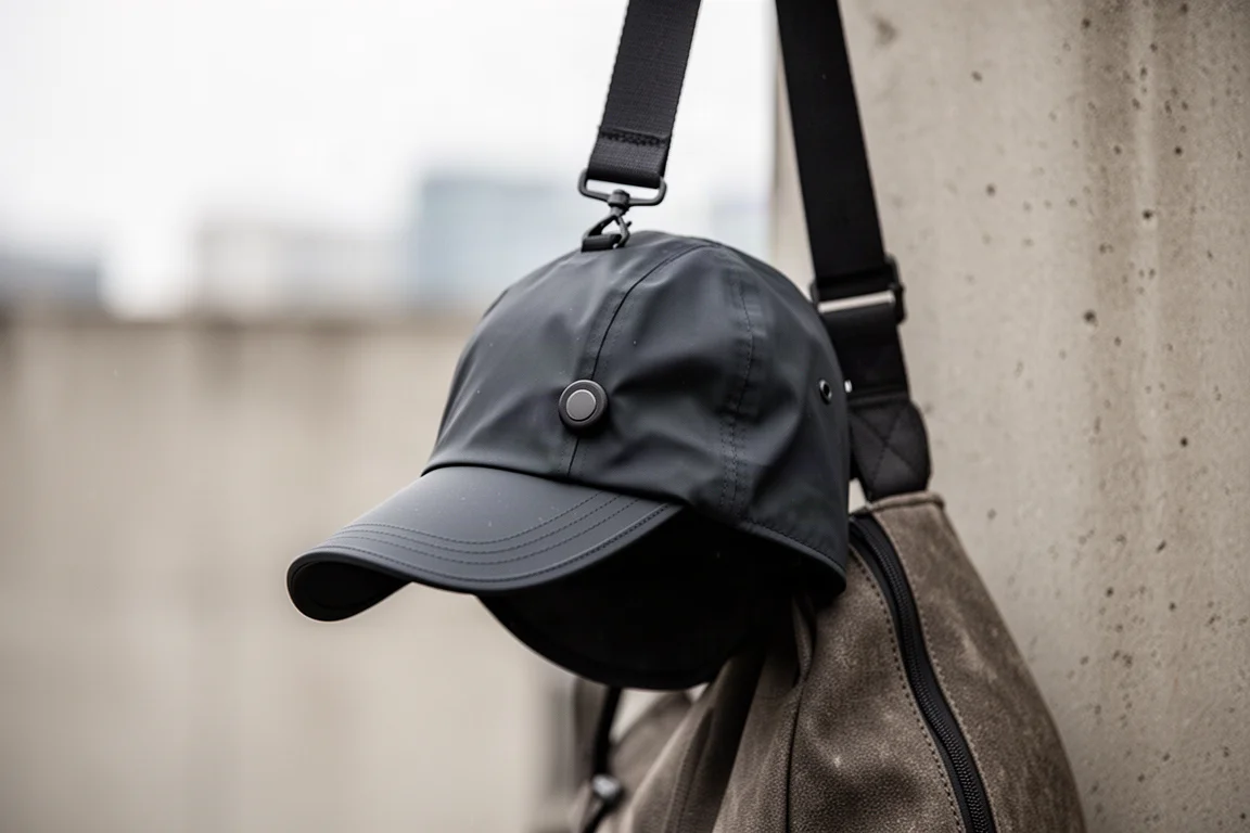 Cappellino impermeabile agganciato alla tracolla di una borsa con una chiusura magnetica all'aperto