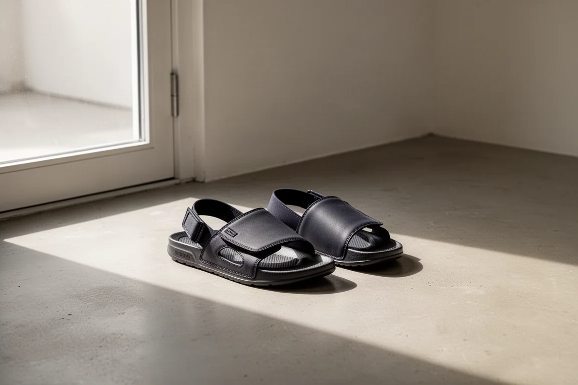 Coppia di mules con cinturino regolabile su un pavimento minimalista