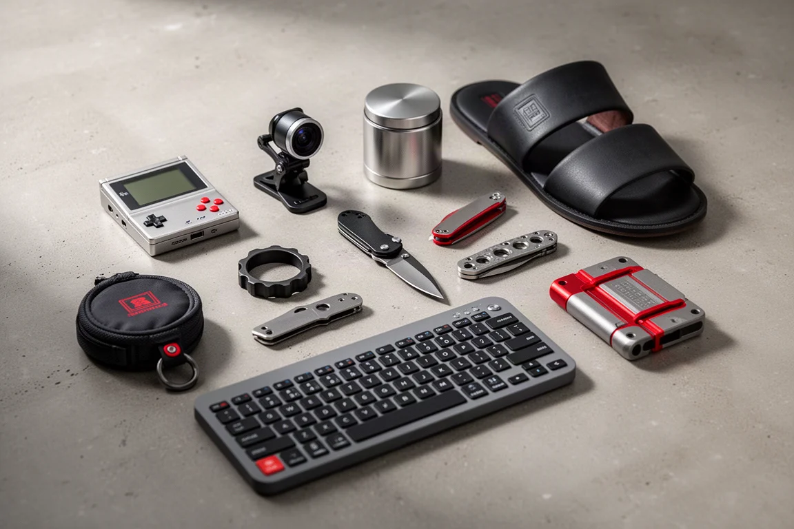 Flat-lay di nove oggetti regalo tra cui una console tascabile, una webcam, un profumo solido, un anello, un coltello, un cappellino, una tastiera e delle mules