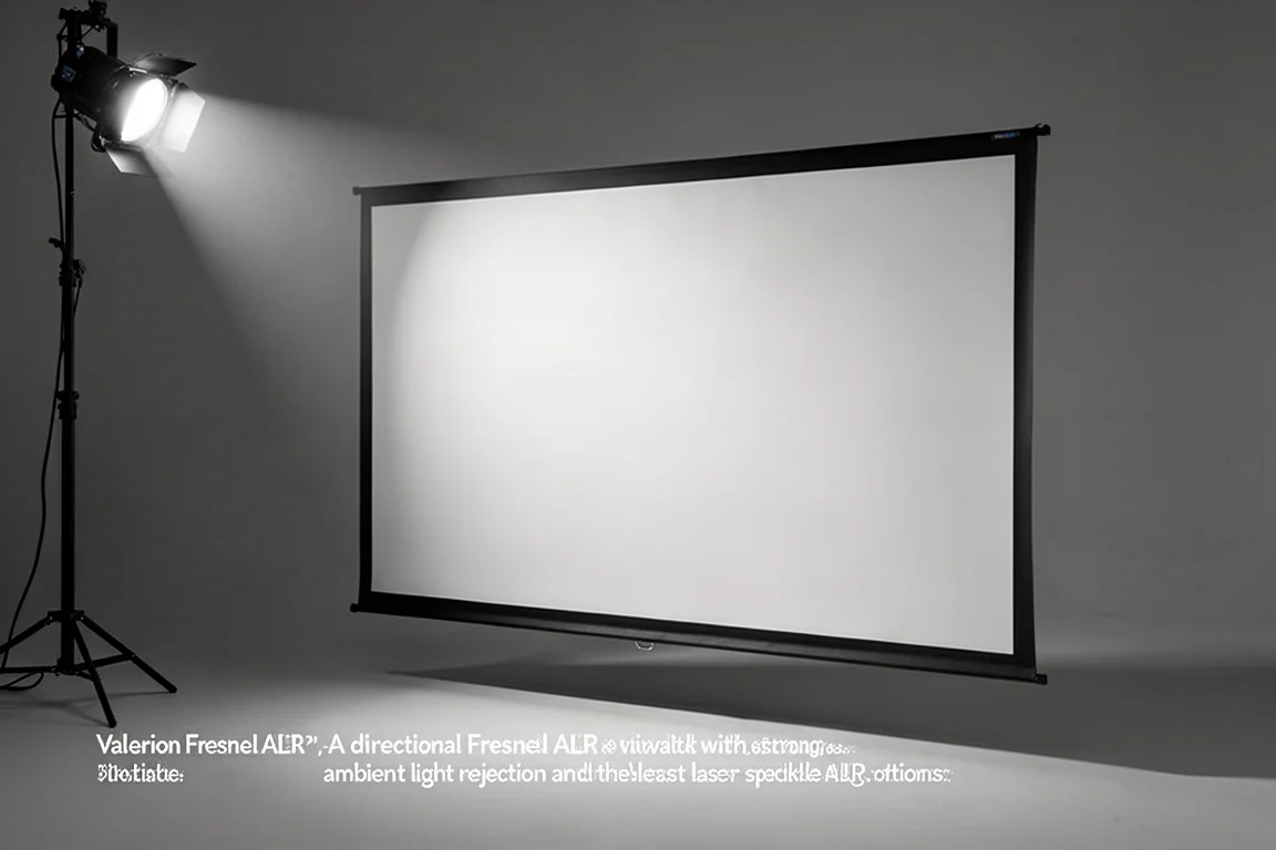 Home theater room with a large projector screen and rolled screen material samples in the foreground