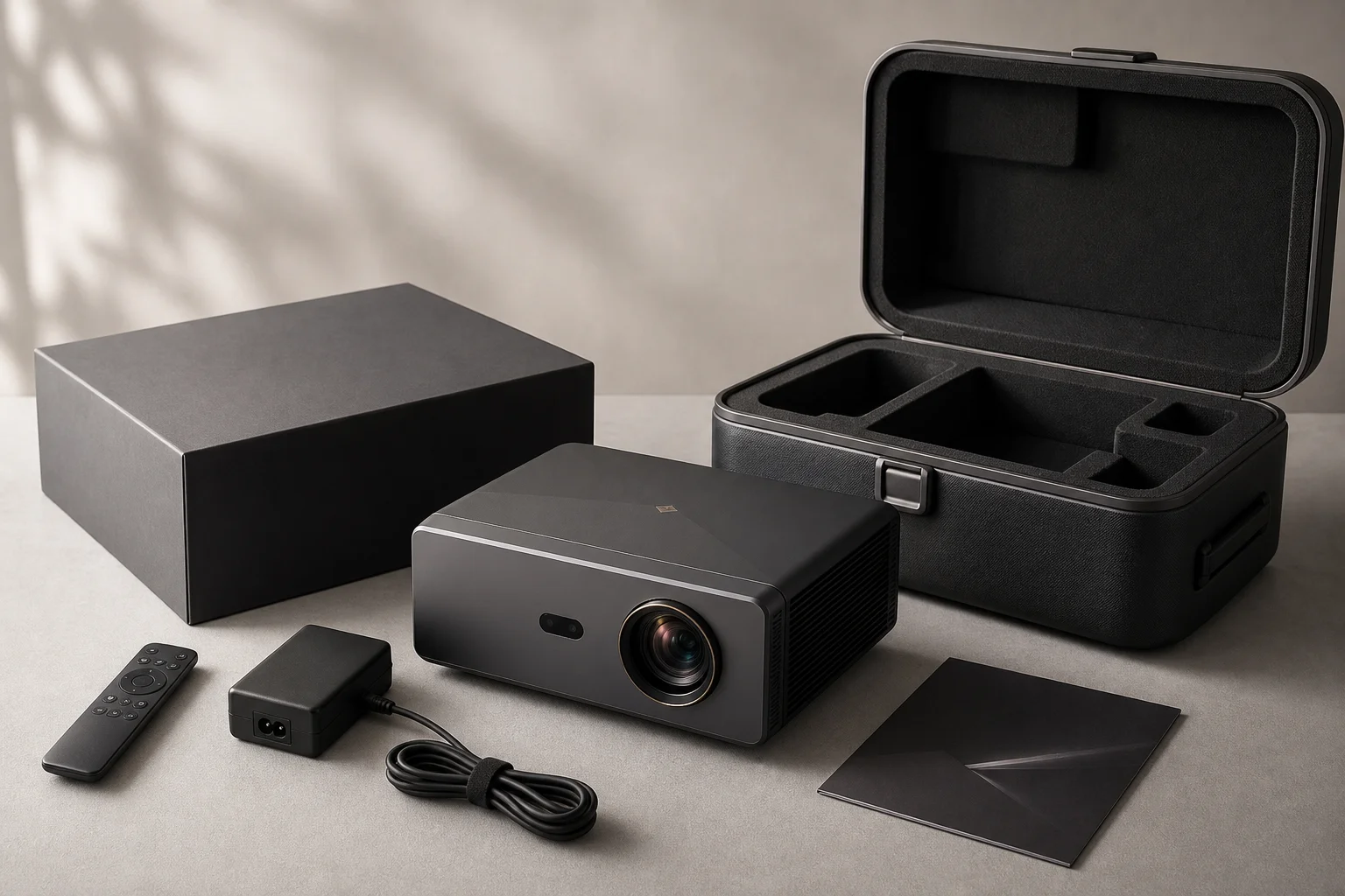 Unboxed projector with protective carrying case and accessories laid out