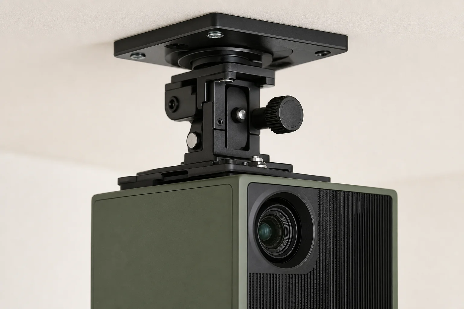 Ceiling mount installation with quick-release mechanism and projector locked in place