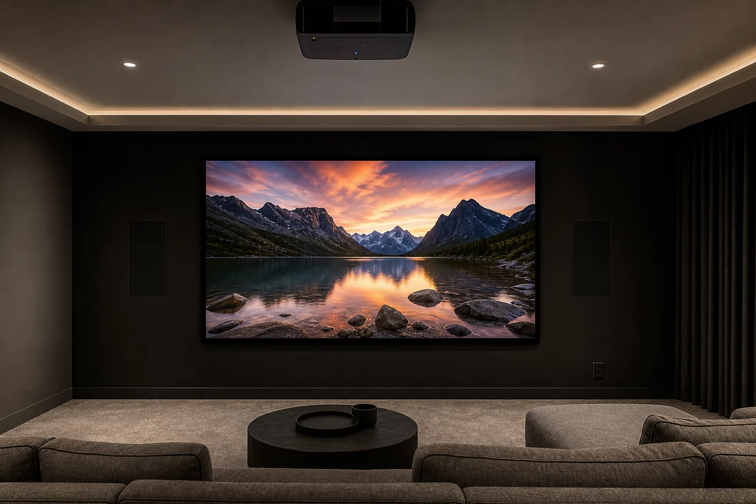Home theatre room with mounted projector, ALR screen, and black-painted walls