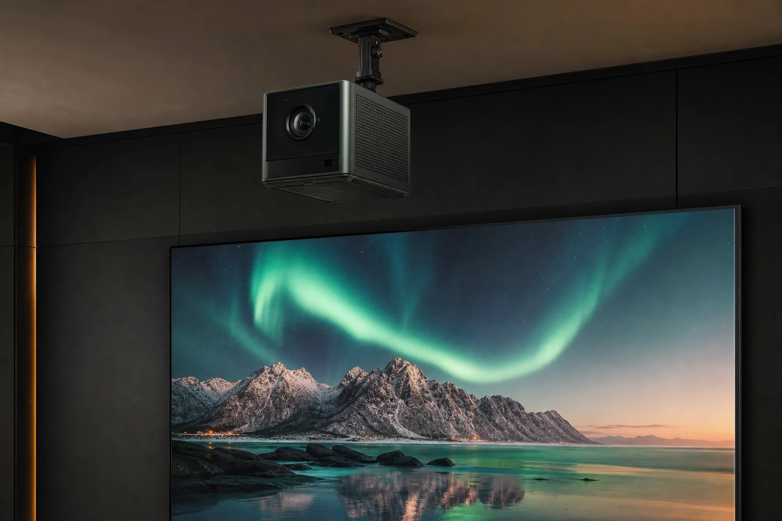 Valerion Vision Master Pro 2 projector mounted above a 120-inch ALR screen in a home theatre room