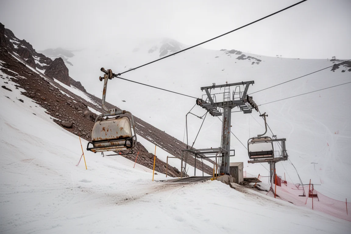 Skilift con fila di persone che sale su un ripido pendio alpino sul retro di una stazione sciistica