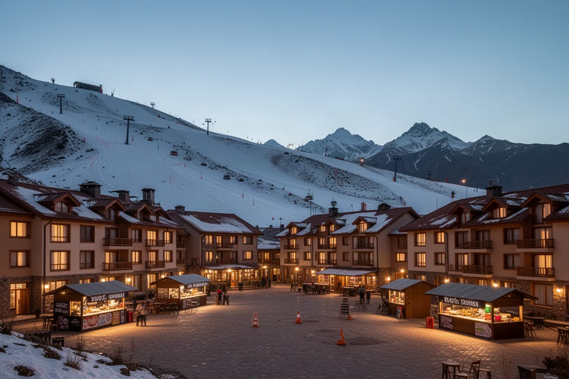 Borgo base di una stazione sciistica al tramonto, con finestre luminose dei rifugi e piste silenziose