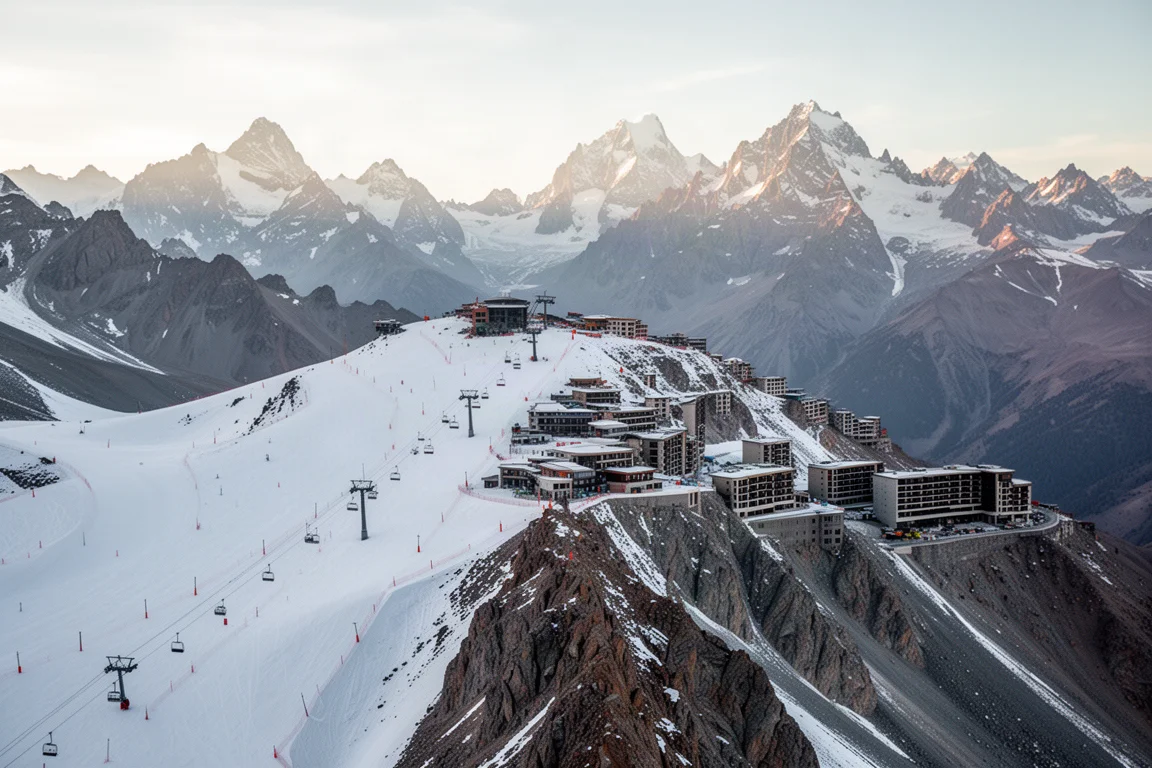 High alpine ski resort village on a knife-edge ridge in the Andes with ski slopes and lifts