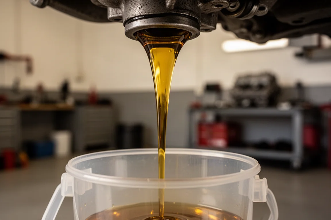 Aceite limpio drenando con fluidez de un vehículo hacia un recipiente de recolección