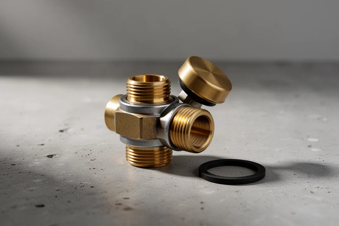 Brass oil drain valve with removable cap and rubber gasket on concrete