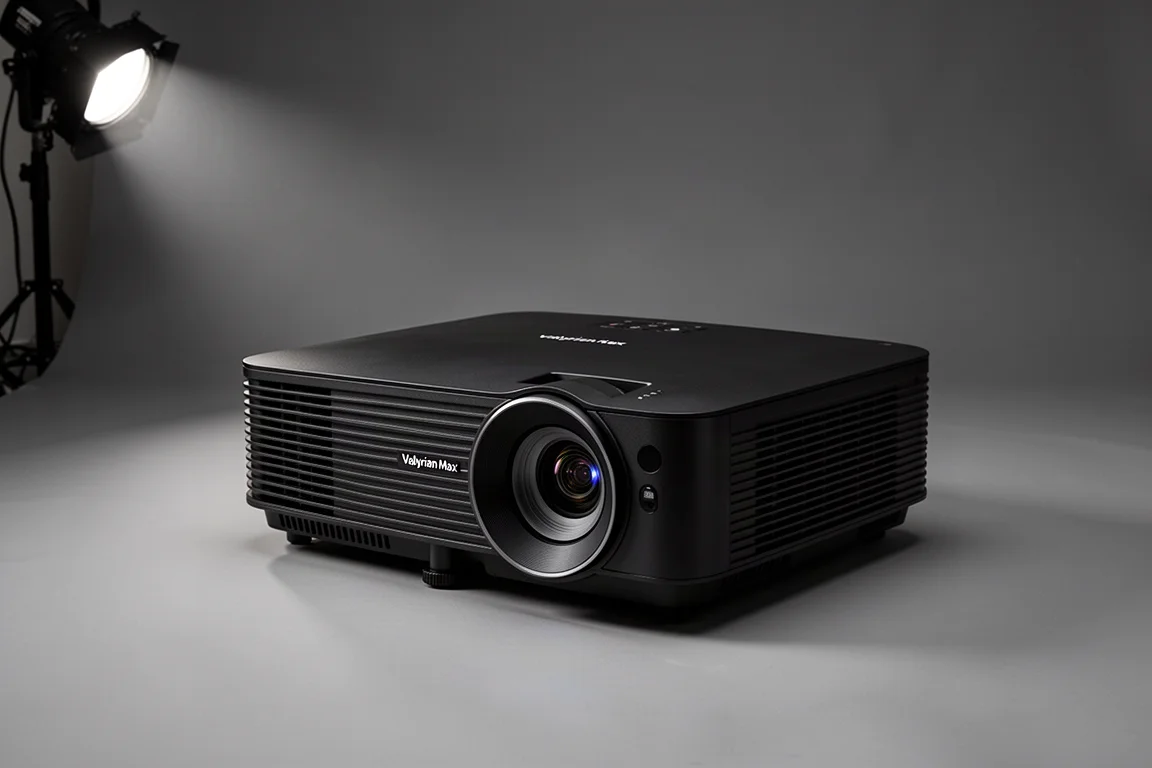 Row of ten flagship projectors on a table in a dark room
