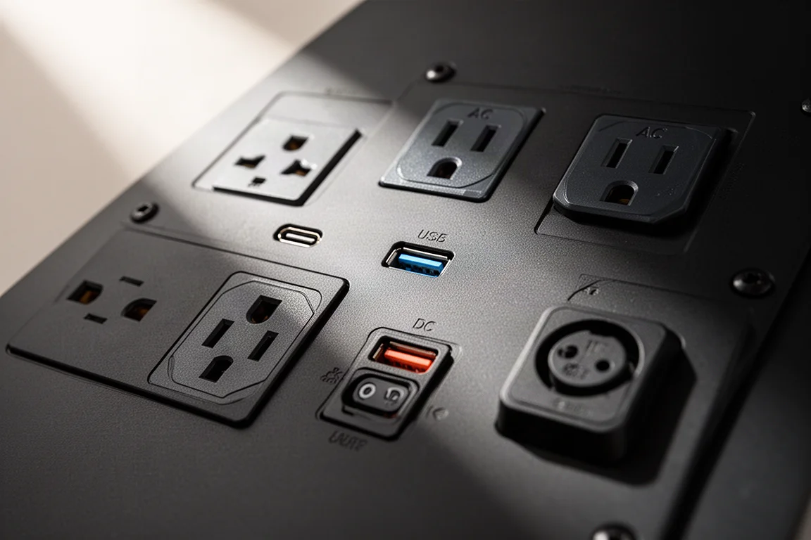 電源站面板上多個電源插座特寫,朝向不同方向