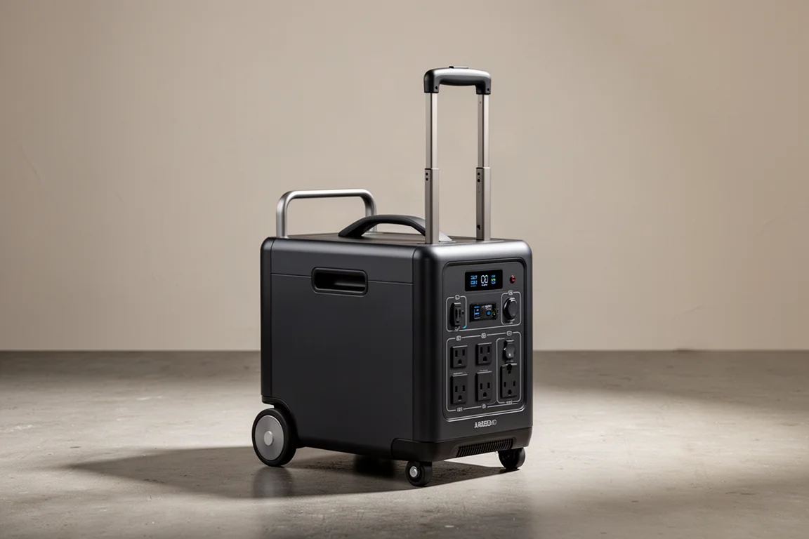 Wheeled portable power station with extended handle on a concrete floor