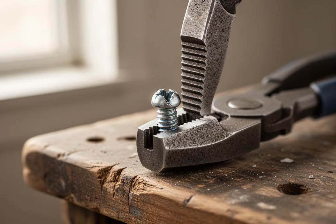 Stripped screw head being gripped by extraction pliers on a workbench
