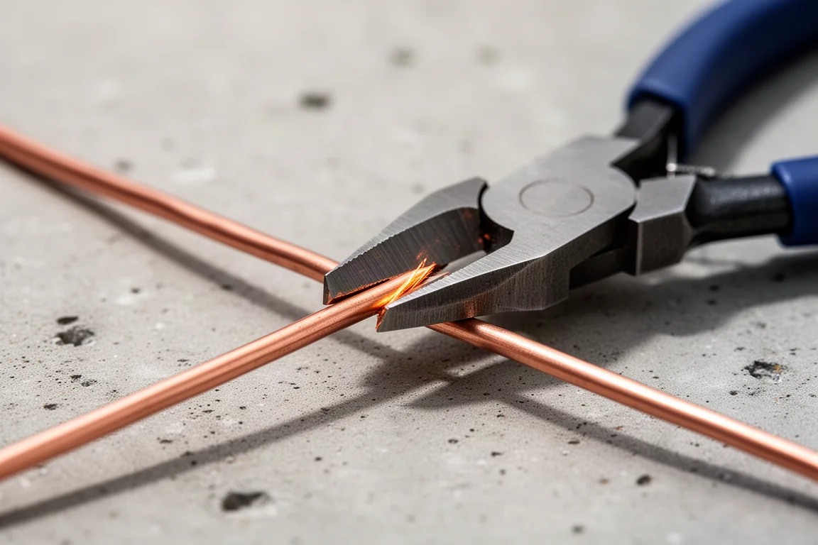 Close-up of plier jaws cutting a length of copper wire