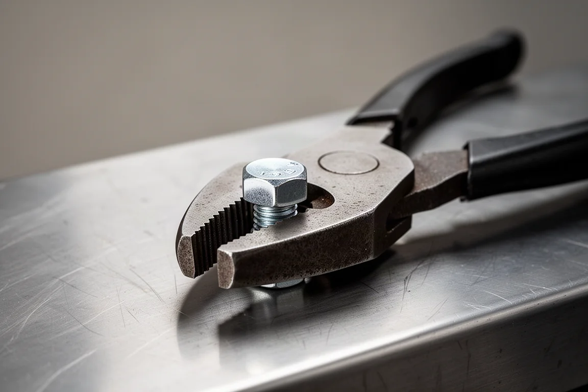 Larger pliers gripping a hex bolt head on a workbench