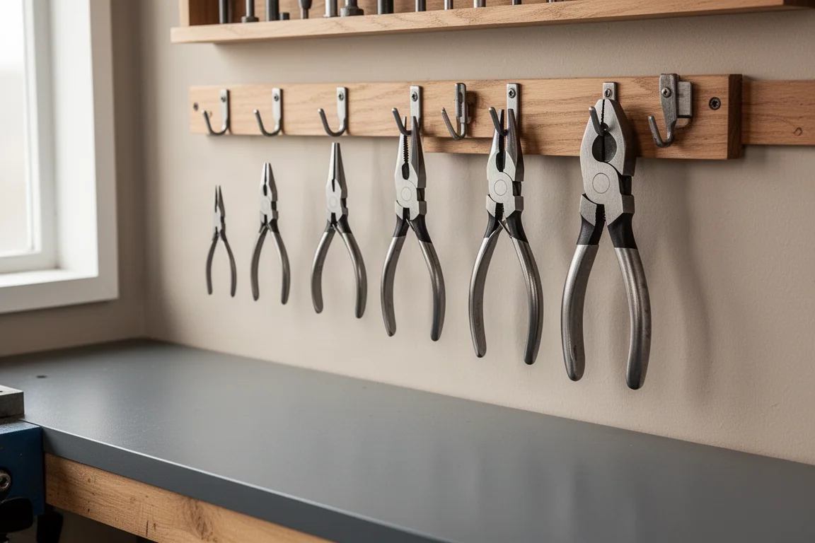 Tool wall with assorted pliers and extraction tools hung above a workbench