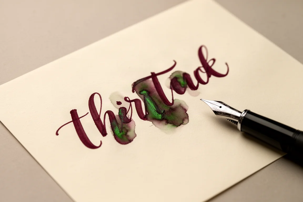 Échantillon écrit d'encre pour plume rouge profond avec reflets verts sur papier crème