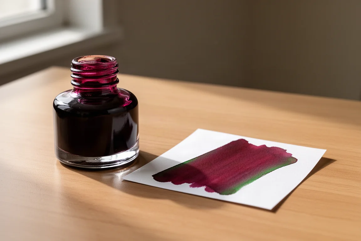 Small bottle of deep red fountain pen ink beside a written swab card