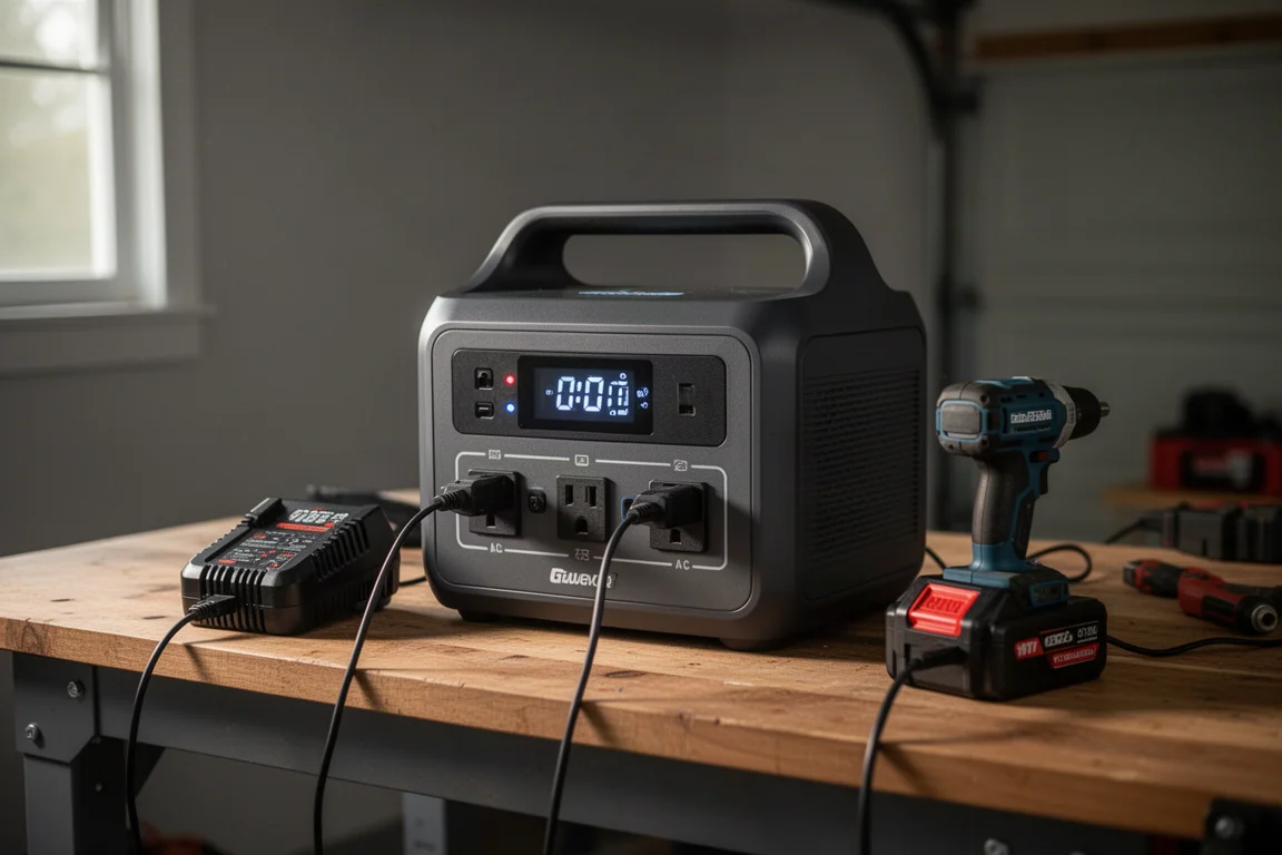 Station d'alimentation portable rechargeant de petits chargeurs de batteries sur un établi