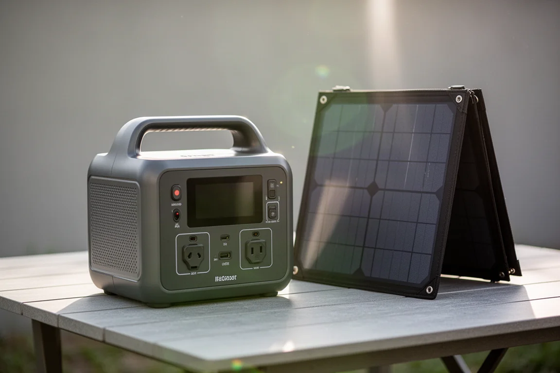 Écran de la station d'alimentation s'éteignant à l'obscurité pendant la connexion à un panneau solaire