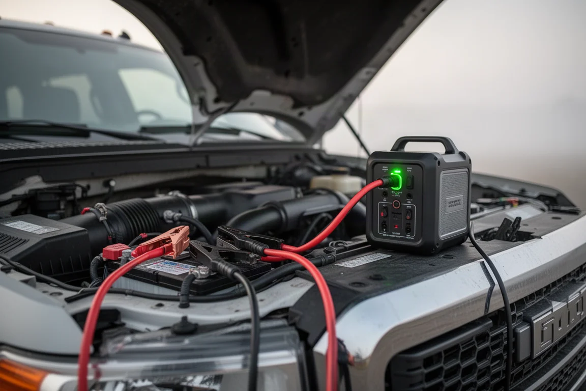 Câbles de démarrage connectés à la batterie d'un pick-up sous un capot ouvert