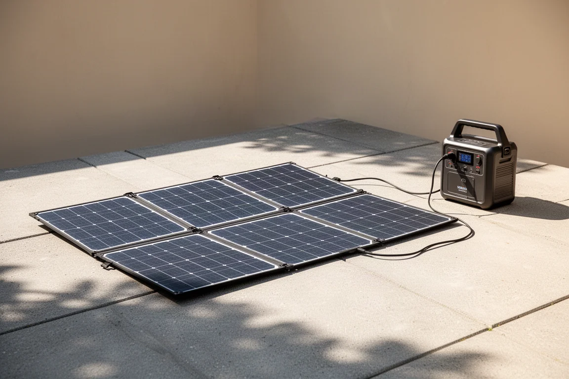 Faltbares Solarmodul, das im Freien mit dem Kraftwerk verbunden ist
