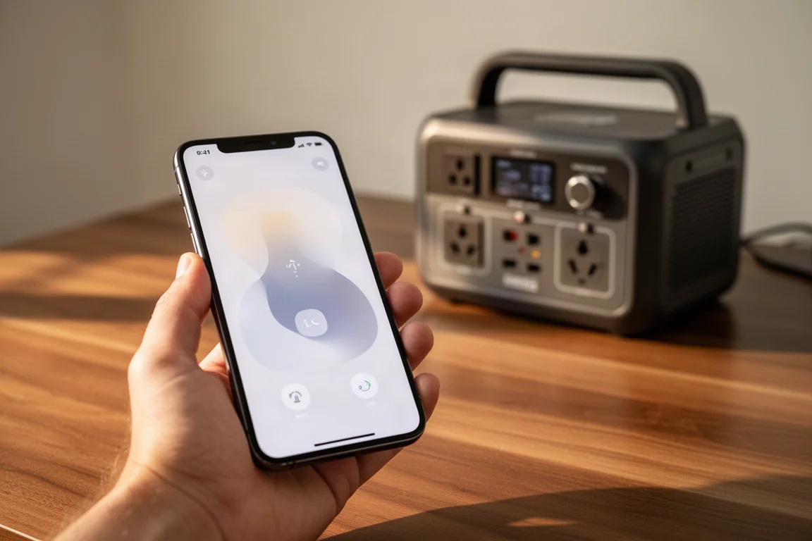 Smartphone in der Hand steuert die App des Kraftwerks am Schreibtisch