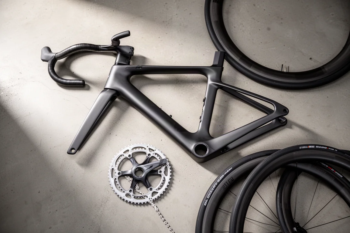Flat-Lay von Aero Rennrad-Komponenten auf einer Betonfläche